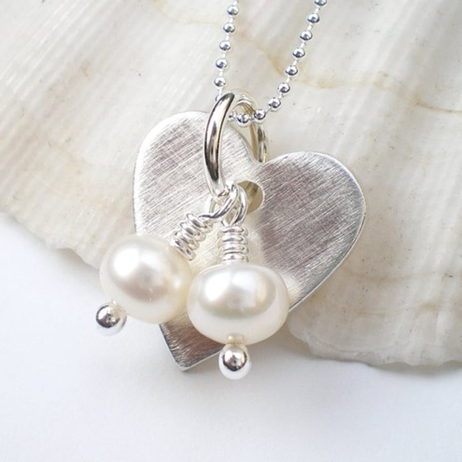 Tiny Silver Heart and Pearl Necklace - Wedding Jewellery