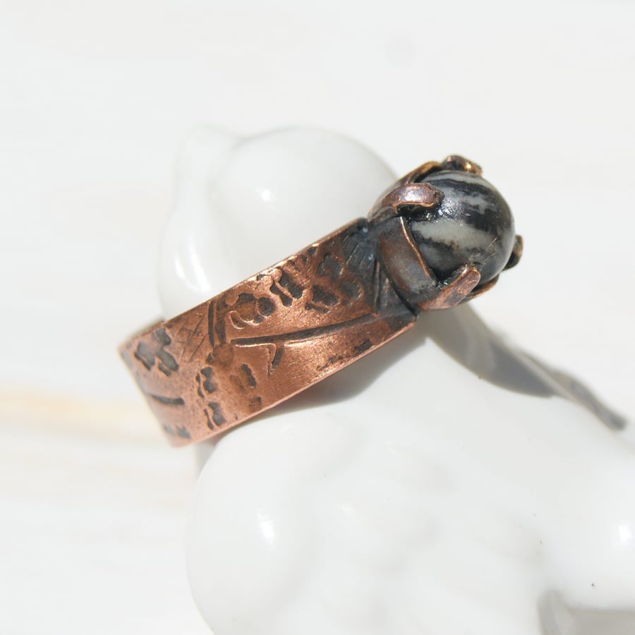 Jasper Copper Ring Size R ,Black Silk Stone Ring, Boho Ring