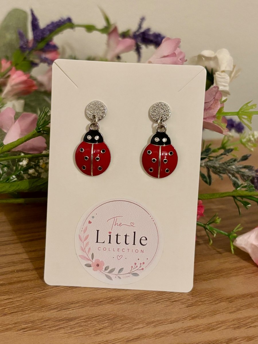 Ladybird Dangle Earrings, Enamel Ladybird Charms, Handmade Jewellery 