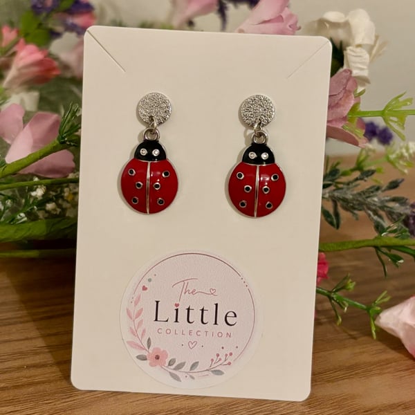 Ladybird Dangle Earrings, Enamel Ladybird Charms, Handmade Jewellery 