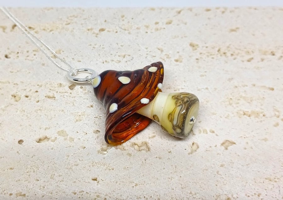 Handmade Lampwork Glass Mushroom Pendant, Sterling Silver Chain, Nature-Inspired