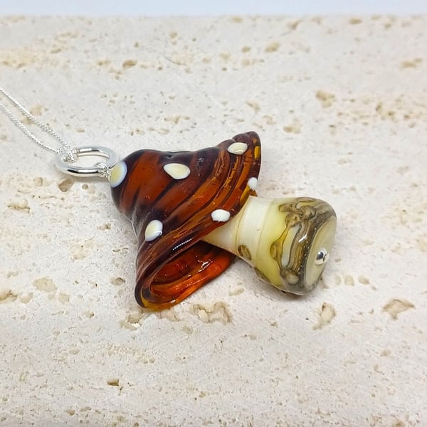 Handmade Lampwork Glass Mushroom Pendant, Sterling Silver Chain, Nature-Inspired