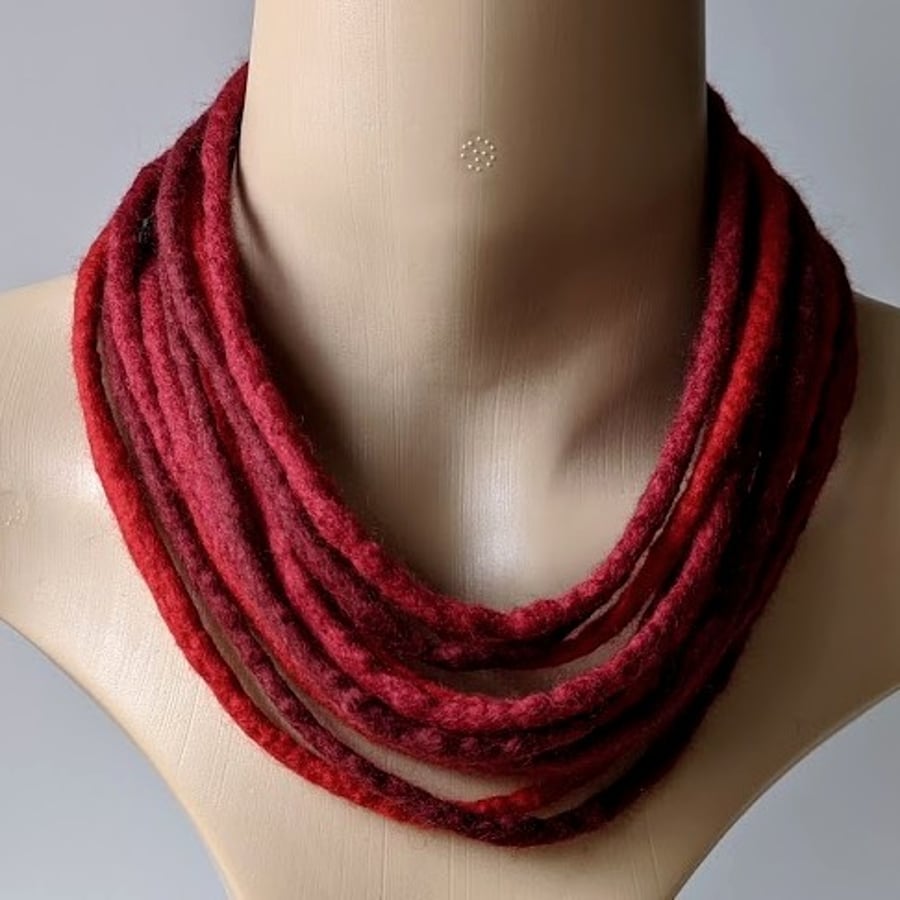 Felted cord necklace in shades of deep red