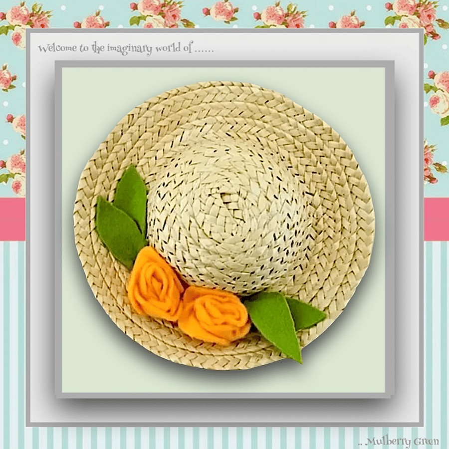 Reduced - Straw Hat Trimmed with two Golden Roses