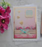 With Love & Best Wishes Card Birthday Flowers Gold Hearts Blue Pink 3D Handmade - Image 1
