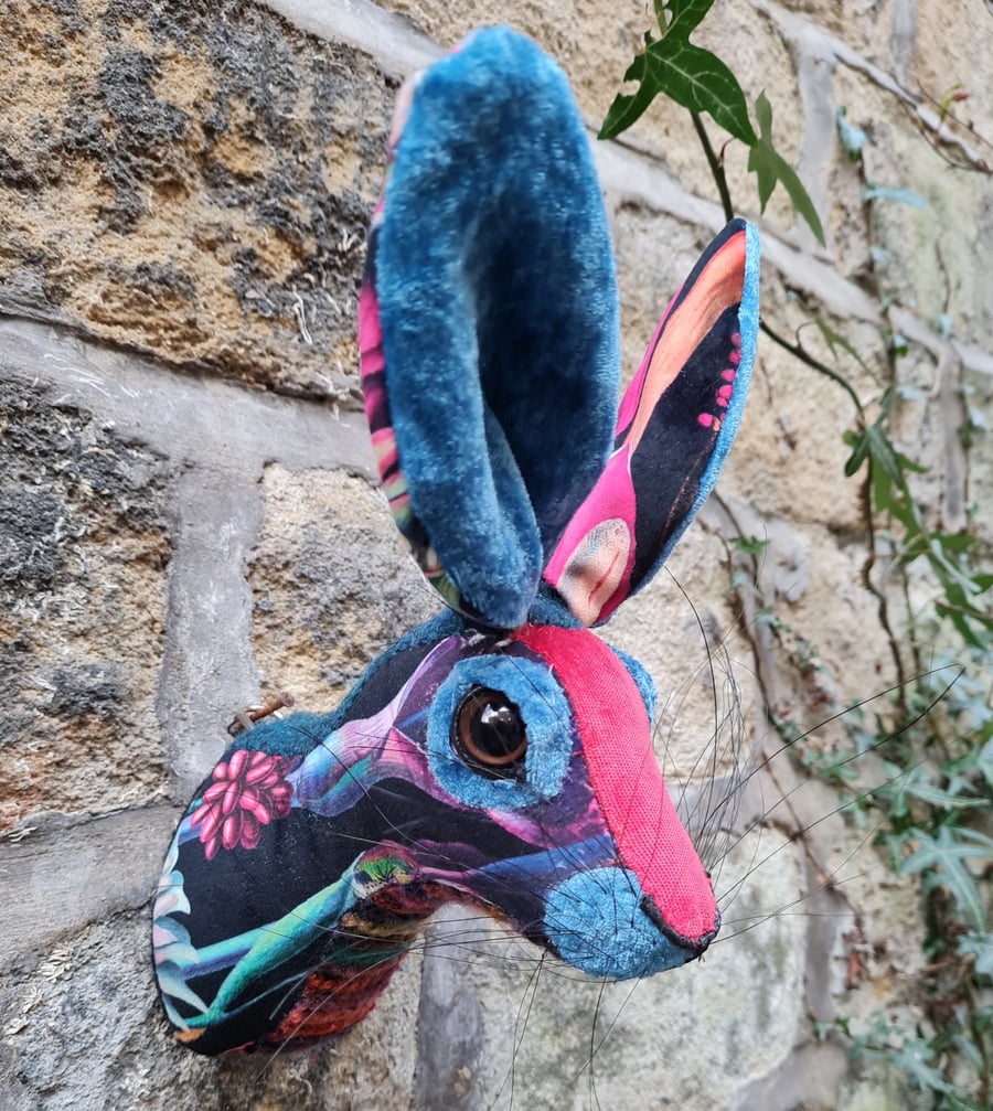 Faux hare head in botanical velvet by Crafted Creatures