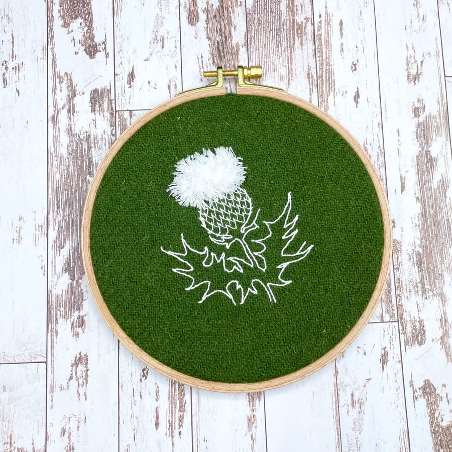 Scottish thistle embroidery on emerald green Harris tweed, 6.5"
