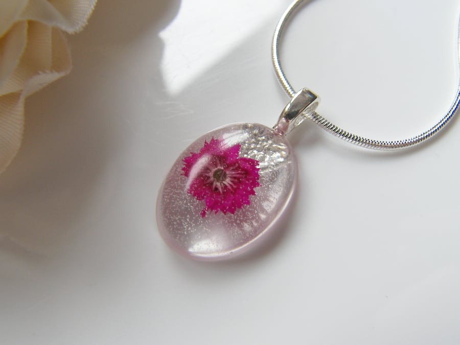 Dainty Pink Pressed Flower Necklace - Wearable Art - PRETTY IN PINK