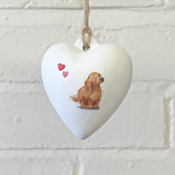 Dachshund Longhaired Red Ceramic Heart Bauble