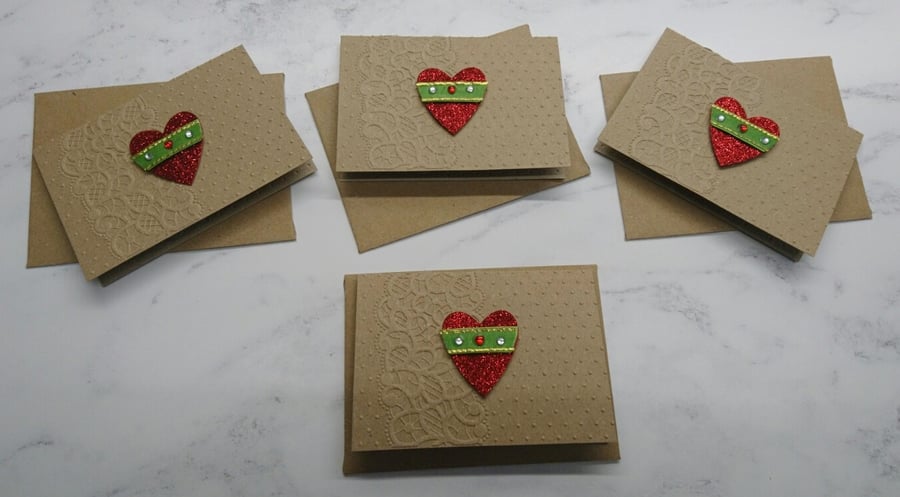 4 Handmade Gift Cards Red Glitter Love Hearts Valentine's Birthday 3D Luxury