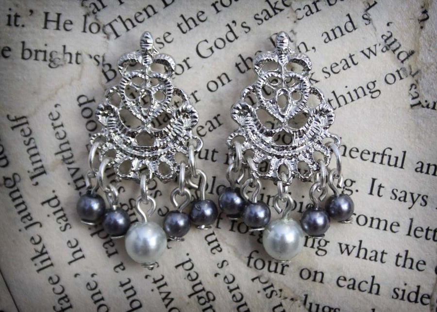 Silver Stud Pearl Chandelier Earrings