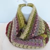 Crochet Infinity Scarf  Olive Lime Magenta Grey Pale Green and Pink