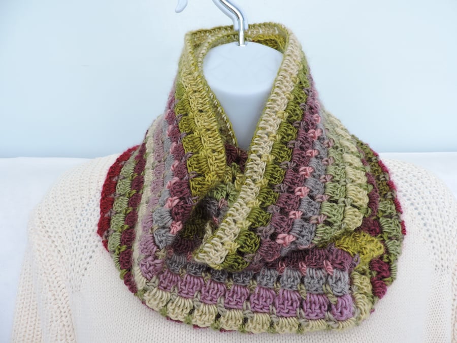 Crochet Infinity Scarf  Olive Lime Magenta Grey Pale Green and Pink