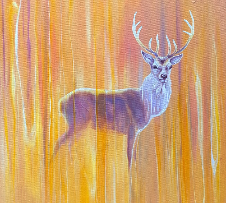 Nascent Stag is a vibrantly coloured painting of a red deer stag 