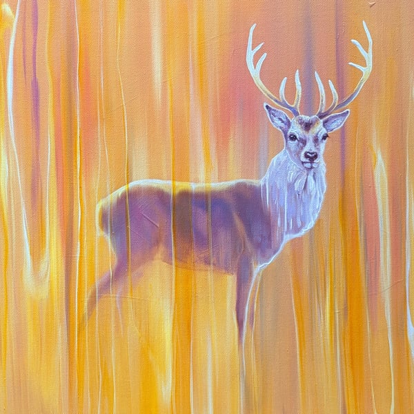 Nascent Stag is a vibrantly coloured painting of a red deer stag 