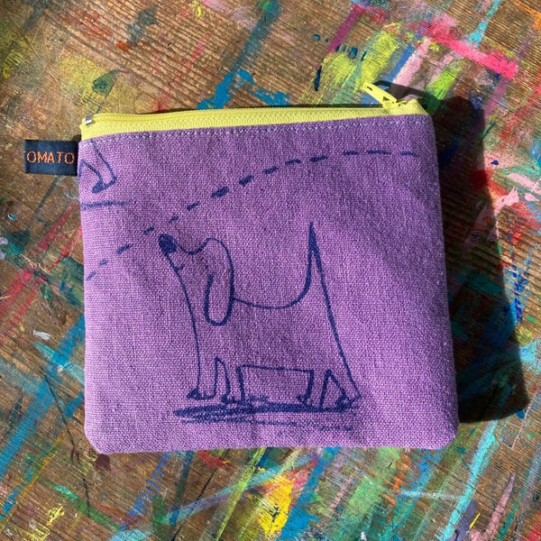 Happy Dog soft purple linen printed purse  by Jo Brown Happy Tomato