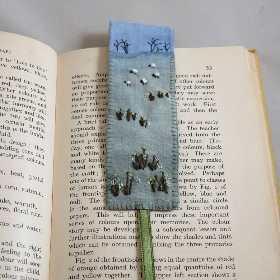 Snowdrops and sheep bookmark - painted and stitched