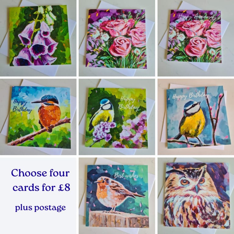 Pick your own cards pack of four bird and floral cards (pack 4)