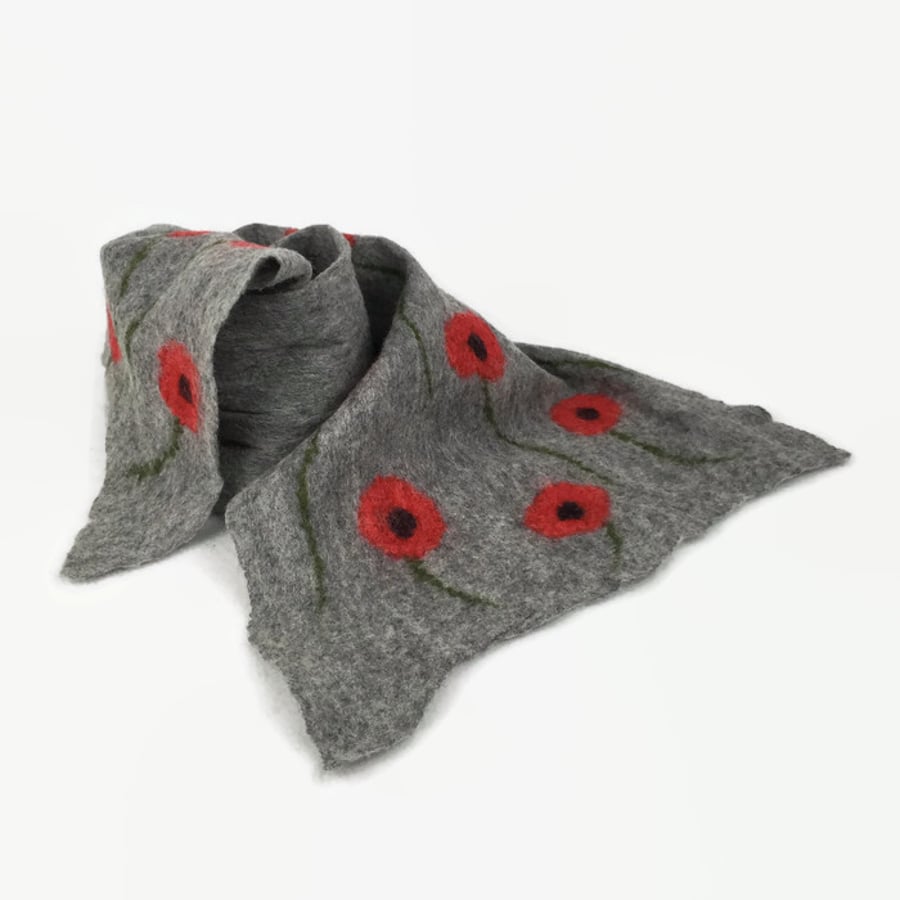 Grey merino wool poppy scarf, nuno felted