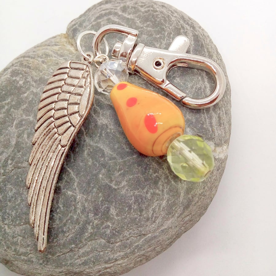 Orange Ceramic Bead Crystal and Angel Wing Charm Hand Bag Charm