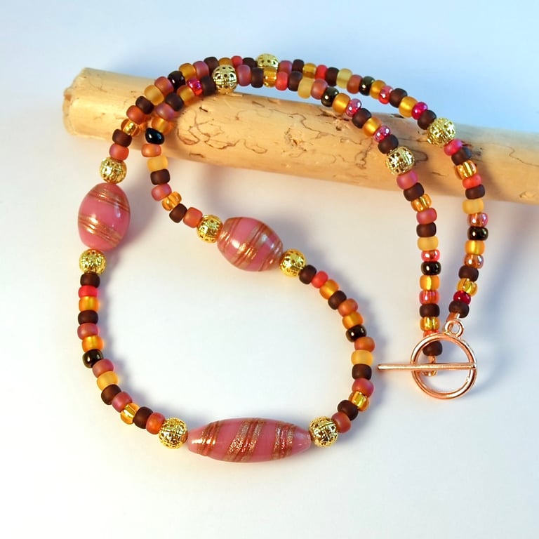 Glass Beaded Necklace With Pink Focal Beads, Birthday, Anniversary, Gift For Her