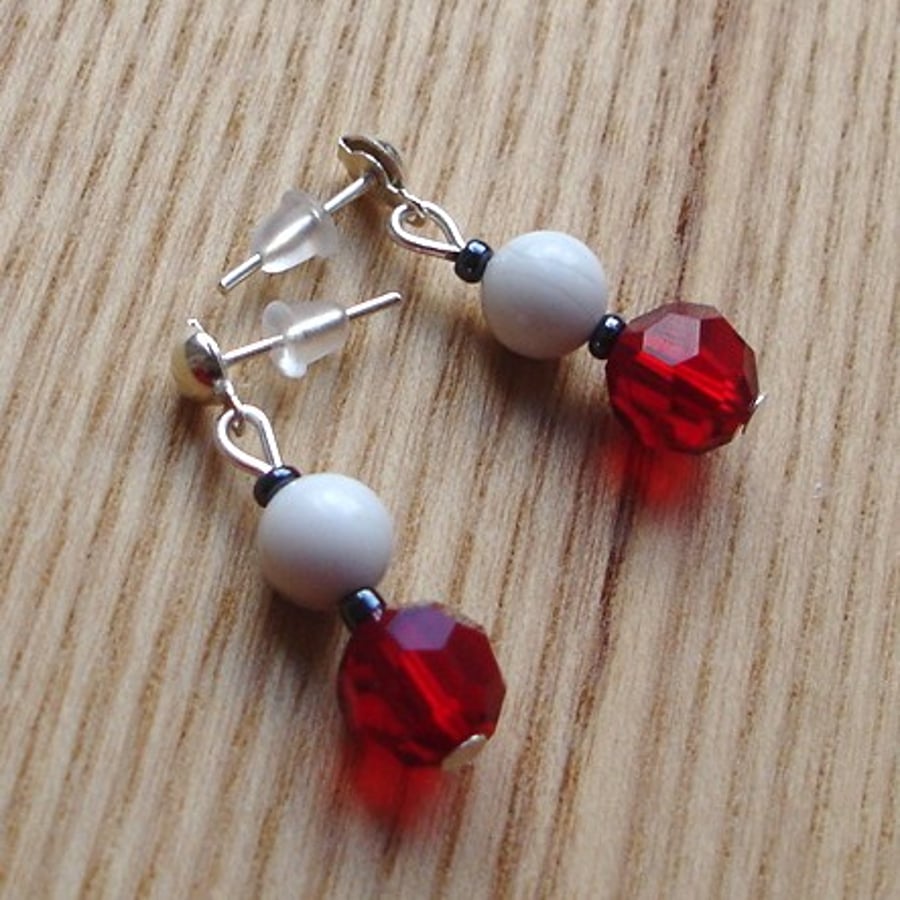 Red Crystal and White Howlite Gemstone Stud Earrings