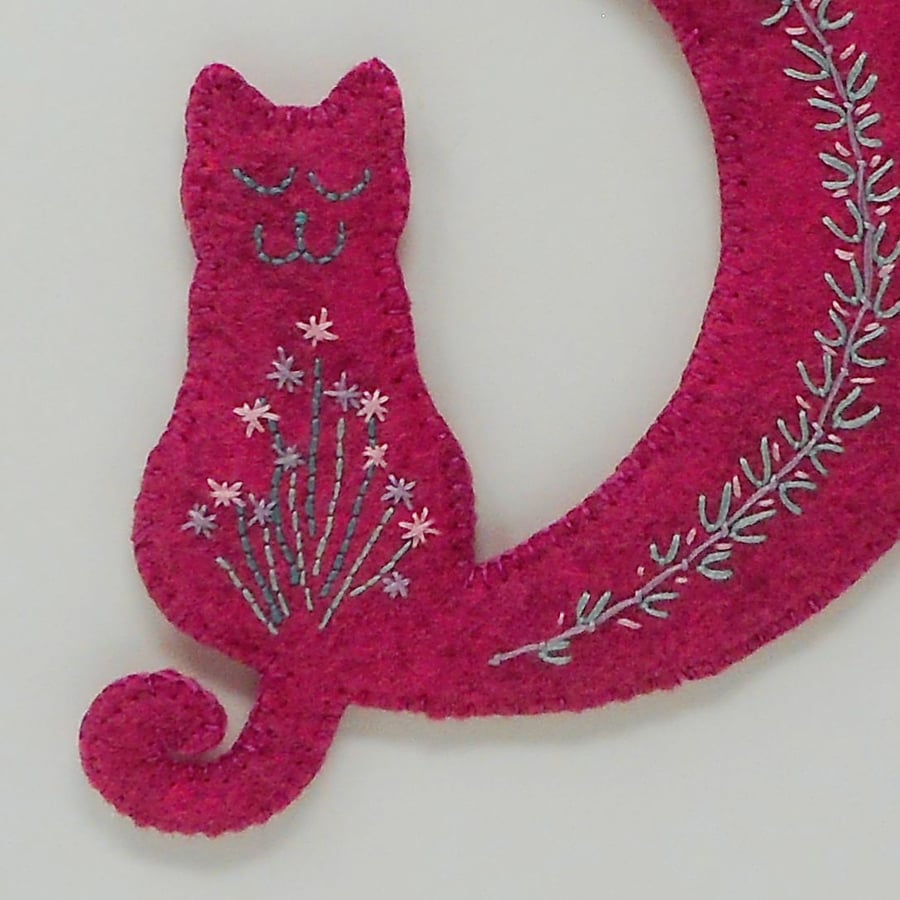 Hanging ornament, embroidered crescent moon and cat 