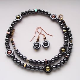 Haematite necklace and earrings black gold copper jewellery set handmade