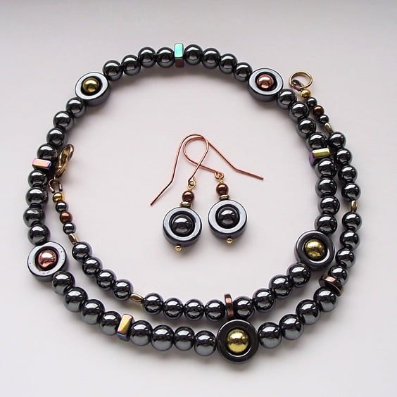 Haematite necklace and earrings black gold copper jewellery set handmade