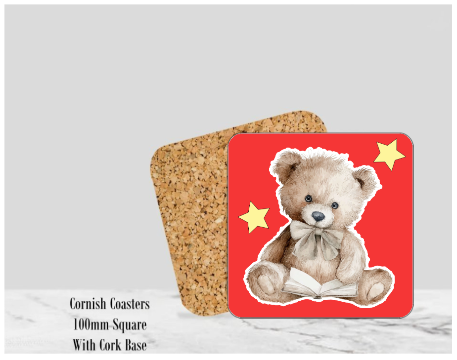 Teddy Red Coaster 4" Square With Cork Base