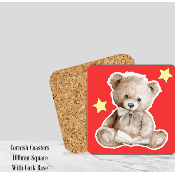 Teddy Red Coaster 4" Square With Cork Base