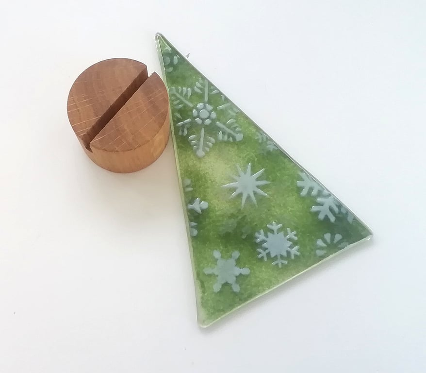 Xmas tree, fused glass snowflake tree, shelf ornament, festive decor, glass art.