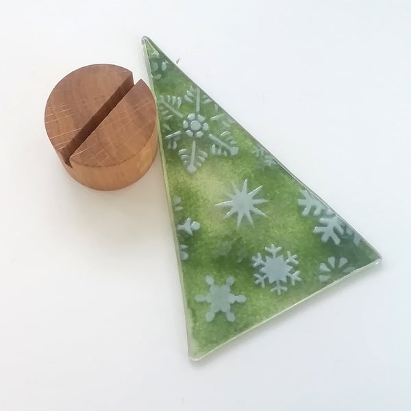 Xmas tree, fused glass snowflake tree, shelf ornament, festive decor, glass art.