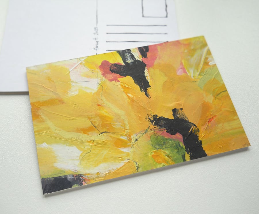 original abstract daffodil floral painting postcard 