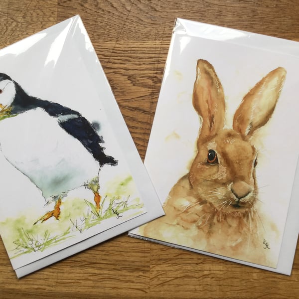  A5 blank cards of my original puffin and hare watercolours 