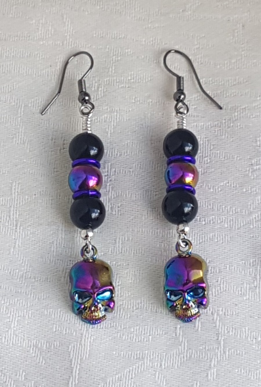 Rainbow Skull Earrings with Black Onyx and Rainbow Haematite Beads.