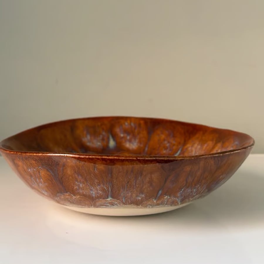 Handmade ceramic bowl, shallow brown stoneware bowl
