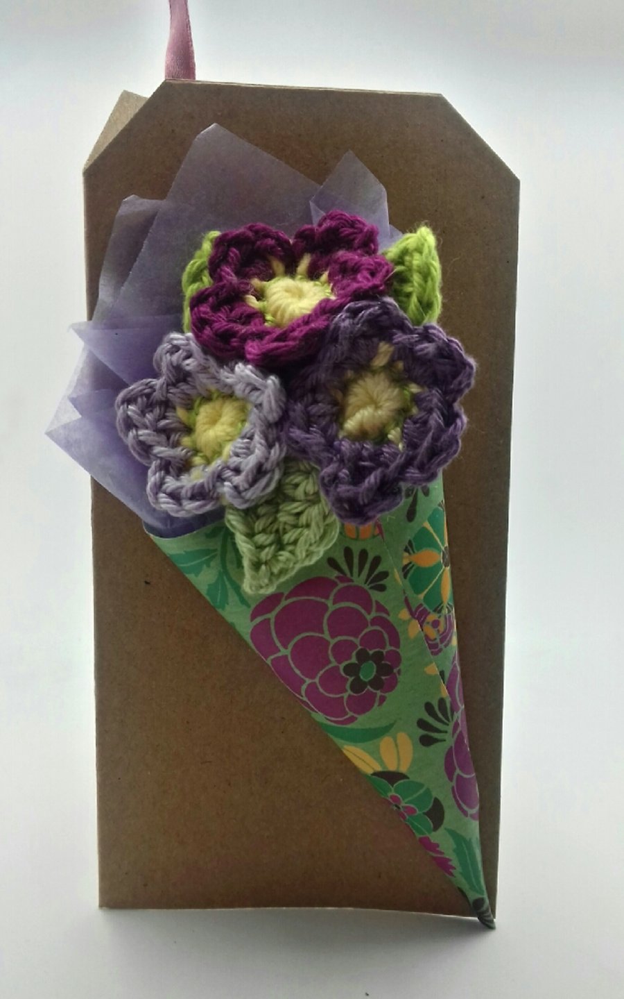 Crochet Brooch Bouquet Card  (Purples )