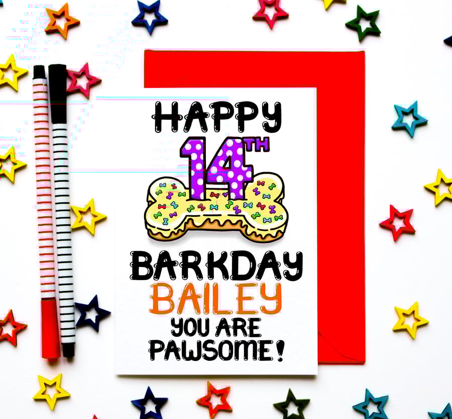 Personalised Dog 14th Birthday Card For Puppy, Fur Baby, Furry Child