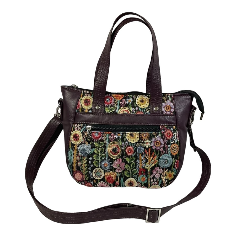 Floral print Leather and cotton hand bag, medium sized crossbody bag