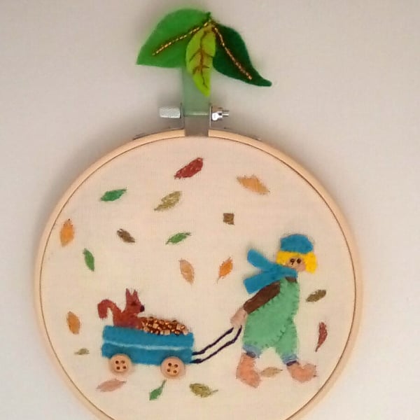 Embroidered Autumn Scene, Child's Embroidery, Embroidery Hoop