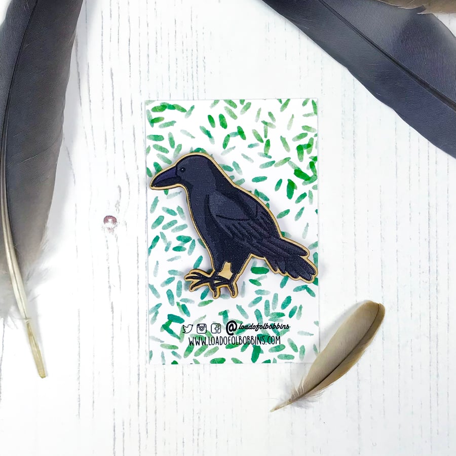 Crow Wooden Illustrated Brooch