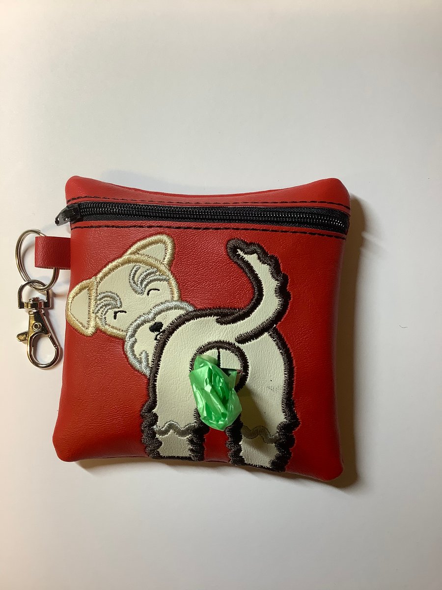 Attractive  Schnauzer Embroidered Red faux leather dog poo bag ,dog walking,