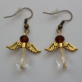 Bronze gold plated beaded earrings- silver Christmas angel rich brown