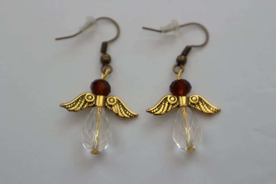 Bronze gold plated beaded earrings- silver Christmas angel rich brown