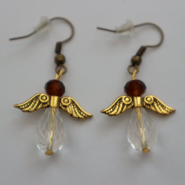 Bronze gold plated beaded earrings- silver Christmas angel rich brown