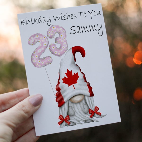 Canada Gnome Age Birthday Card, Card for 23rd Birthday, Canadian Flag Gnome