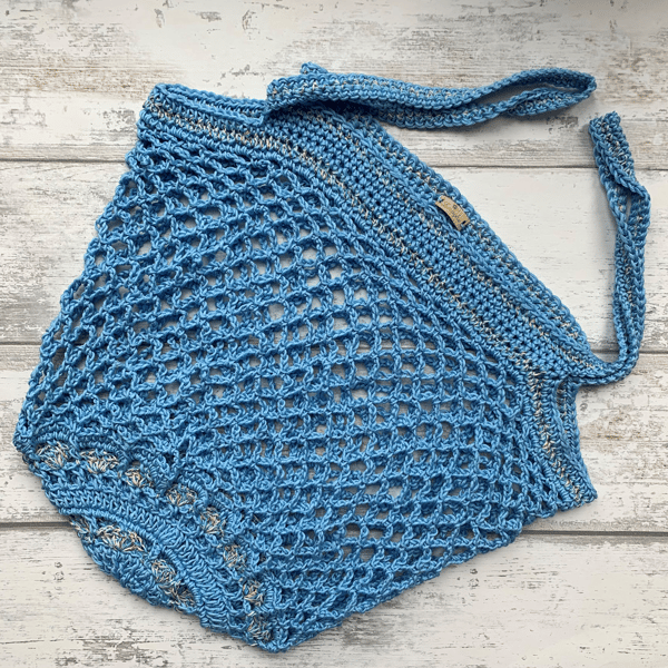 Cotton crochet string market festival beach tote bag in blue
