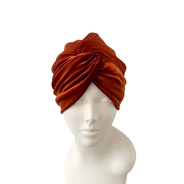 Rust Orange Vintage Style Twist Turban Hat Soft Elastic Prettied Velvet HeadWrap