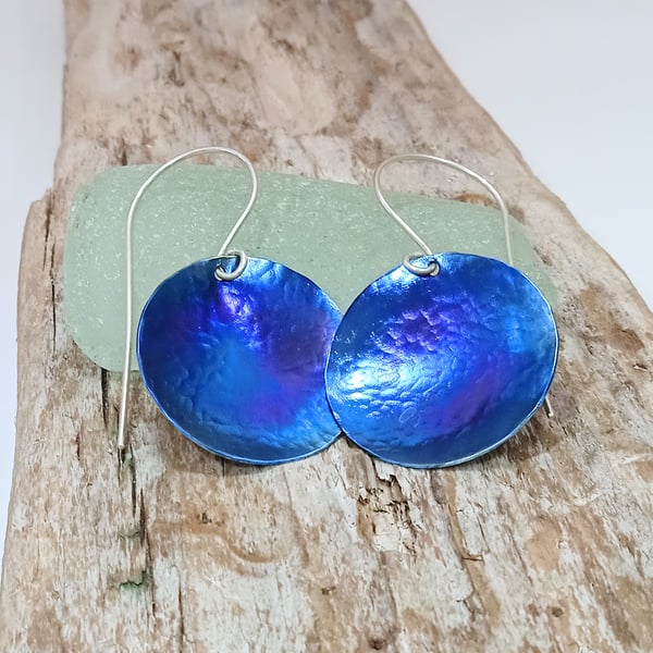  Handmade Blue Coloured Titanium Disc Earrings - UK Free Post